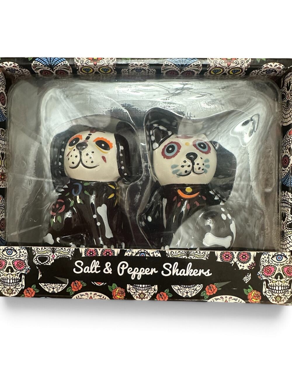 Cracker Barrel Day of Dead Dog and Cat Salt Pepper Shakers Sugar Skull NIB